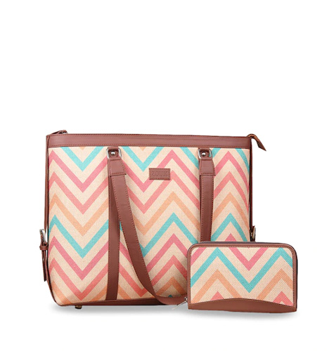 Multi-Coloured Printed Shoulder Bag with Laptop Compartment and Chain Wallet Combo
